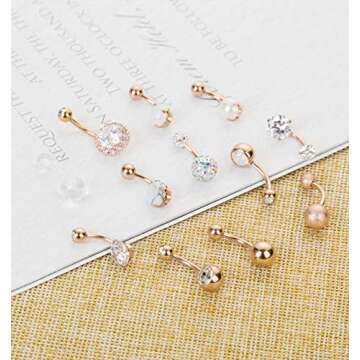 Masedy 12Pcs Belly Button Rings for Women Surgical Steel Curved Navel Barbell Rings Body Piercing Jewelry Rose Gold