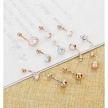 Masedy 12Pcs Belly Button Rings for Women Surgical Steel Curved Navel Barbell Rings Body Piercing Jewelry Rose Gold