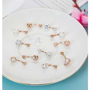 Masedy 12Pcs Belly Button Rings for Women Surgical Steel Curved Navel Barbell Rings Body Piercing Jewelry Rose Gold