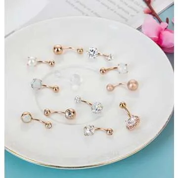 Masedy 12Pcs Belly Button Rings for Women Surgical Steel Curved Navel Barbell Rings Body Piercing Jewelry Rose Gold