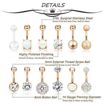 Masedy 12Pcs Belly Button Rings for Women Surgical Steel Curved Navel Barbell Rings Body Piercing Jewelry Rose Gold