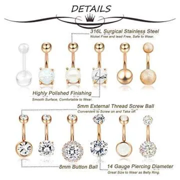 Masedy 12Pcs Belly Button Rings for Women Surgical Steel Curved Navel Barbell Rings Body Piercing Jewelry Rose Gold