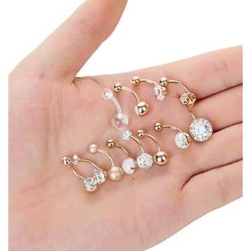 Masedy 12Pcs Belly Button Rings for Women Surgical Steel Curved Navel Barbell Rings Body Piercing Jewelry Rose Gold