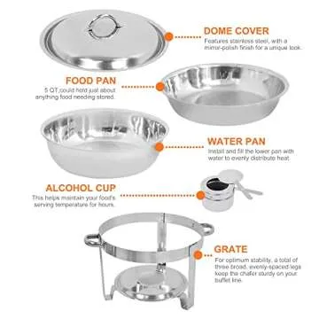 SUPER DEAL Upgraded 5 Qt Full Size Stainless Steel Chafing Dish Set of 2 Pack Round Chafer Buffet Catering Warmer Set w/Food and Water Pan, Lid, Solid Stand and Fuel Holder