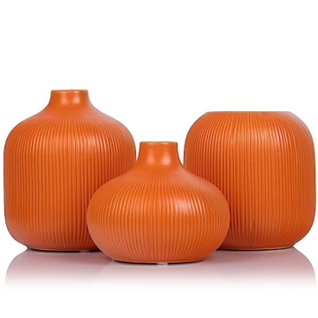 Orange Ceramic Vase Set of 3, 3 Orange Small Ribbed Vase Set for Rustic Home Decor, Living Room, Kit...