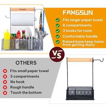 FANGSUN Large Grill Utensil Caddy, Picnic Condiment Caddy, BBQ Organizer for Outdoor Grilling, Camping Caddy with Paper Towel Holder for Plate Cutlery, Grill Accessories Storage for Tailgating, Silver