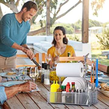 FANGSUN Large Grill Utensil Caddy, Picnic Condiment Caddy, BBQ Organizer for Outdoor Grilling, Camping Caddy with Paper Towel Holder for Plate Cutlery, Grill Accessories Storage for Tailgating, Silver