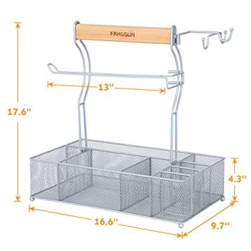 FANGSUN Large Grill Utensil Caddy, Picnic Condiment Caddy, BBQ Organizer for Outdoor Grilling, Camping Caddy with Paper Towel Holder for Plate Cutlery, Grill Accessories Storage for Tailgating, Silver