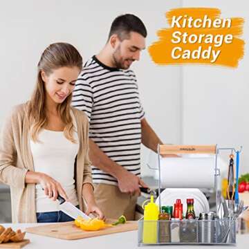 FANGSUN Large Grill Utensil Caddy, Picnic Condiment Caddy, BBQ Organizer for Outdoor Grilling, Camping Caddy with Paper Towel Holder for Plate Cutlery, Grill Accessories Storage for Tailgating, Silver