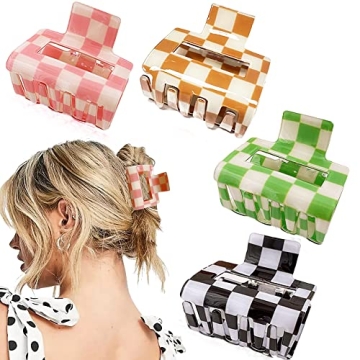 4 Pack Ahoney Checkered Y2K Claw Clips for Thin Hair - Cute 2" Aesthetic Barrettes, 90s Hair Accesso...