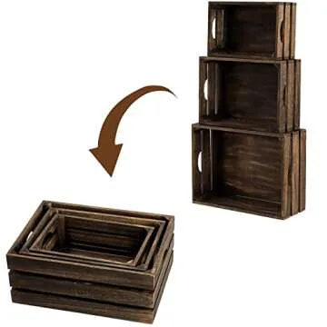 ZOOFOX Set of 3 Nesting Wooden Crates, Rustic Wood Basket with Handles, Decorative Farmhouse Wooden Storage Container Boxes for Party, Office, Bedroom, Kitchen and Closet