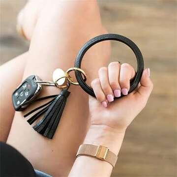 ATIMIGO 4PCS Keychain Bracelet Wristlet Big Bangle Key Holder Round Keyring Leather Tassel Key Ring ...