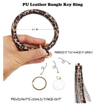 ATIMIGO 4PCS Keychain Bracelet Wristlet Big Bangle Key Holder Round Keyring Leather Tassel Key Ring Chain for Women Girls