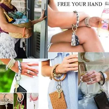 ATIMIGO 4PCS Keychain Bracelet Wristlet Big Bangle Key Holder Round Keyring Leather Tassel Key Ring Chain for Women Girls