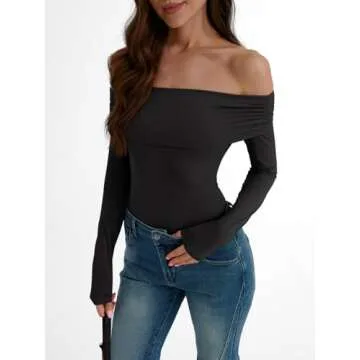 Trendy Queen Long Sleeve Off Shoulder Bodysuits for Women 2025 Slimming Fit Compression Backless Body Suits Black L