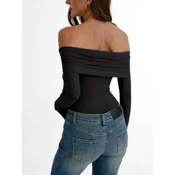 Trendy Queen Long Sleeve Off Shoulder Bodysuits for Women 2025 Slimming Fit Compression Backless Body Suits Black L
