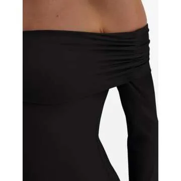 Trendy Queen Long Sleeve Off Shoulder Bodysuits for Women 2025 Slimming Fit Compression Backless Body Suits Black L