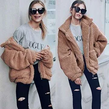 Women's Coat Casual Lapel Fleece Fuzzy Faux Shearling Zipper Coats Warm Winter Oversized Outwear Jac...