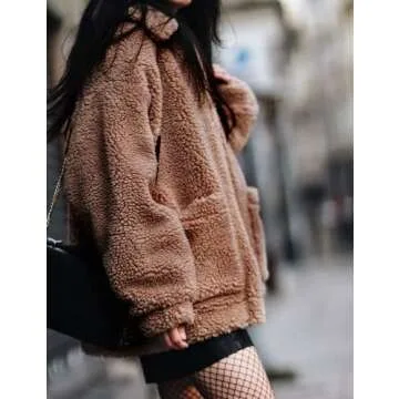 Women's Coat Casual Lapel Fleece Fuzzy Faux Shearling Zipper Coats Warm Winter Oversized Outwear Jackets (Khaki,XL)