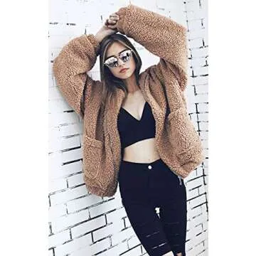 Women's Coat Casual Lapel Fleece Fuzzy Faux Shearling Zipper Coats Warm Winter Oversized Outwear Jackets (Khaki,XL)
