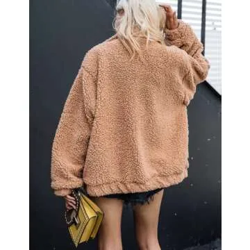 Women's Coat Casual Lapel Fleece Fuzzy Faux Shearling Zipper Coats Warm Winter Oversized Outwear Jackets (Khaki,XL)