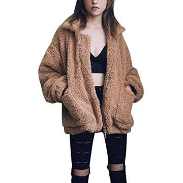 Women's Coat Casual Lapel Fleece Fuzzy Faux Shearling Zipper Coats Warm Winter Oversized Outwear Jackets (Khaki,XL)
