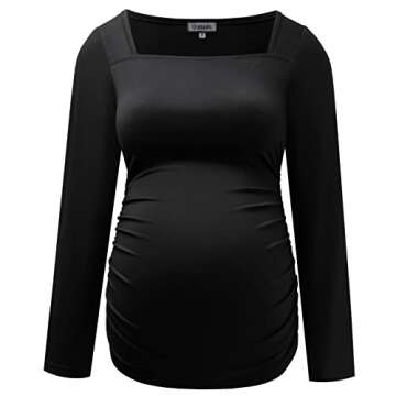 GINKANA Maternity Shirts Long Sleeve Square Neck Slim Fit Tee Tops Pregnancy Basic Shirts,Black,M