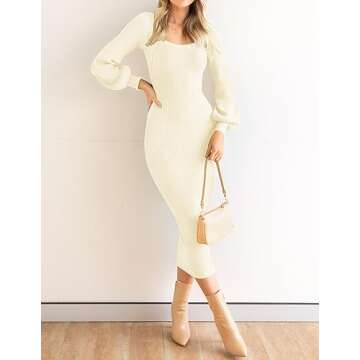 ZESICA Women's 2025 Square Neck Ribbed Knit Dress Puff Long Sleeve Slim Fit Bodycon Fall Winter Pull...