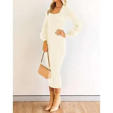 Stylish ZESICA Square Neck Ribbed Knit Dress for Winter