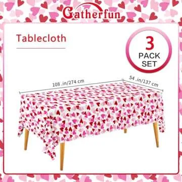Valentine's Love 3-Pack Tablecloths: Waterproof & Disposable Plastic Covers, 54x108, Romantic Heart-...