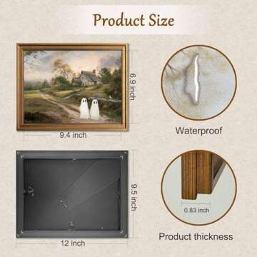 Gold Framed Vintage Halloween Wall Art, Rustic Landscape Wall Decor, Cute Ghost Decor Wall Art, Aest...