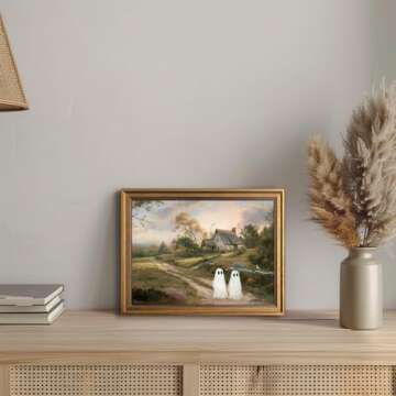 Gold Framed Vintage Halloween Wall Art, Rustic Landscape Wall Decor, Cute Ghost Decor Wall Art, Aesthetic Halloween Wall Decor (9.5''x12'')