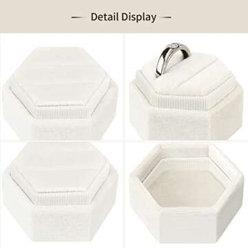DesignSter Hexagon Velvet Ring Box - Premium Gorgeous Vintage Double Ring Display Holder with Detachable Lid for Proposal, Engagement, Wedding, Ceremony (Beige)