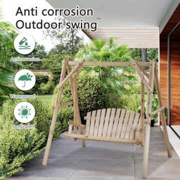 Swing and Swing Frame Combination Porch Swing with Stand Log Swing Stand 67 Inch Wooden Porch Swing ...