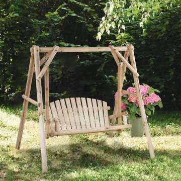 Swing and Swing Frame Combination Porch Swing with Stand Log Swing Stand 67 Inch Wooden Porch Swing A-Frame Backyard Swing Chair Outdoor Rustic Curved Garden Swing Bench, Nature