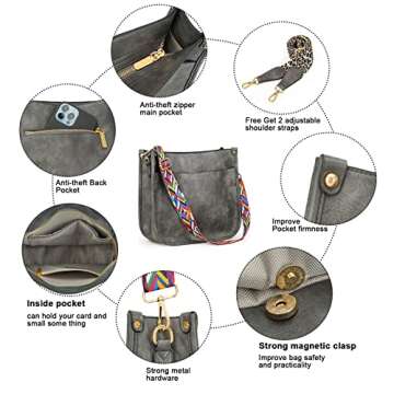 HKCLUF Crossbody Bags for Women Trendy Vegan Leather Hobo Handbags With 2 Adjustable Guitar Strap Crossbody Shoulder Bucket Purse for Women(Gray)