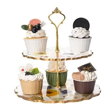 GUTE Floral Cupcake & Cake Dessert Stand, Resin Flower Tower - 2 Tier Stand Tray - Large Pretty Botanical Floral Stands for Desserts Table, Gold Handle, Fruits Candy Buffet Serving Trays