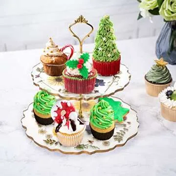 GUTE Floral Cupcake & Cake Dessert Stand, Resin Flower Tower - 2 Tier Stand Tray - Large Pretty Botanical Floral Stands for Desserts Table, Gold Handle, Fruits Candy Buffet Serving Trays