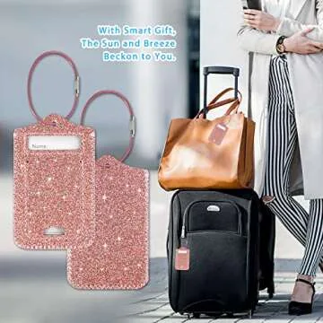 ACdream Luggage Tags 2 Pack, Leather Suitcase Tags Identifiers, Cute Cruise ID Labels with Privacy Cover fits on Backpack, Travel Bag, for Women, Men, Adults, Kids, Glitter Rose