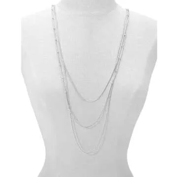 COLORFUL BLING Multilayer Choker Long Chain Tassel Pendant Necklace for Women Beads Necklace Long Bar Charm Chain Jewelry-B Silver three layer