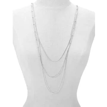 COLORFUL BLING Multilayer Choker Long Chain Tassel Pendant Necklace for Women Beads Necklace Long Bar Charm Chain Jewelry-B Silver three layer