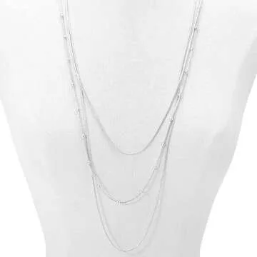 COLORFUL BLING Multilayer Choker Long Chain Tassel Pendant Necklace for Women Beads Necklace Long Bar Charm Chain Jewelry-B Silver three layer