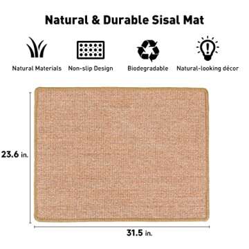 FUKUMARU Cat Scratcher Mat, 23.6 X 31.5 Inch Natural Sisal Cat Scratch Mats, Horizontal Cat Floor Sc...