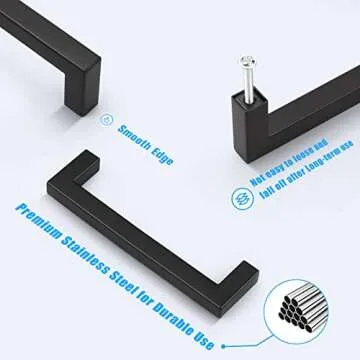 KNOBWELL 6 Pack 5 in Matte Black Kitchen Cabinet Door Handles - Stainless Steel Drawer Dresser Pulls Kitchen Cabinet Handles Black 6 Pack - 5" Hole Centers