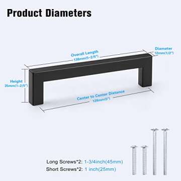 KNOBWELL 6 Pack 5 in Matte Black Kitchen Cabinet Door Handles - Stainless Steel Drawer Dresser Pulls Kitchen Cabinet Handles Black 6 Pack - 5" Hole Centers