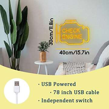 Check Engine Light Neon Signs for Wall Decor, LED Garage Neon Signs Wall Art Gifts for Dad, USB Powered for Man Cave Auto Repair Shop Workshop Party Birthday Gift(15.7x11.8in)