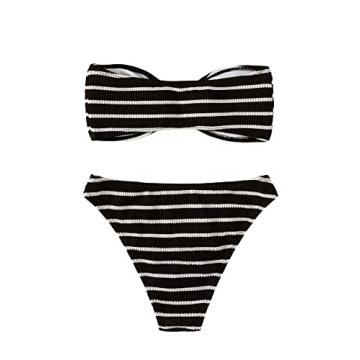 GORGLITTER Women's 2 Piece Striped Swimsuit Strapless Bandeau High Waisted Thong Bikini Set Bathing Suit Black Striped X-Small