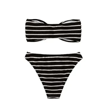 GORGLITTER Women's 2 Piece Striped Swimsuit Strapless Bandeau High Waisted Thong Bikini Set Bathing Suit Black Striped X-Small