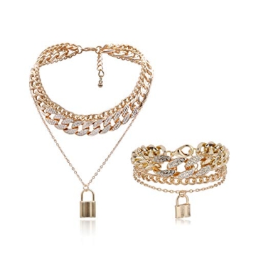 COLORFUL BLING Shiny Hip Hop Rhinestone Cuban Link Chain Lock Pendant Necklace With Bracelet Set Pun...