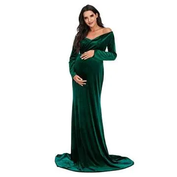 ZIUMUDY Velvet Maternity Off Shoulder Fitted Photography Gown Long Sleeve Maxi Photo Shoot Baby Shower Dress (Green, X-Large)